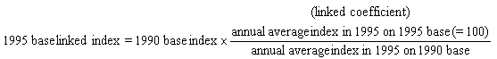 1995 base linked index equals 1990 base index times annual average index in 1995 on 1995 base (=100) over annual average index in 1995 on 1990 base.
Where second term on the right side means linked coefficient.